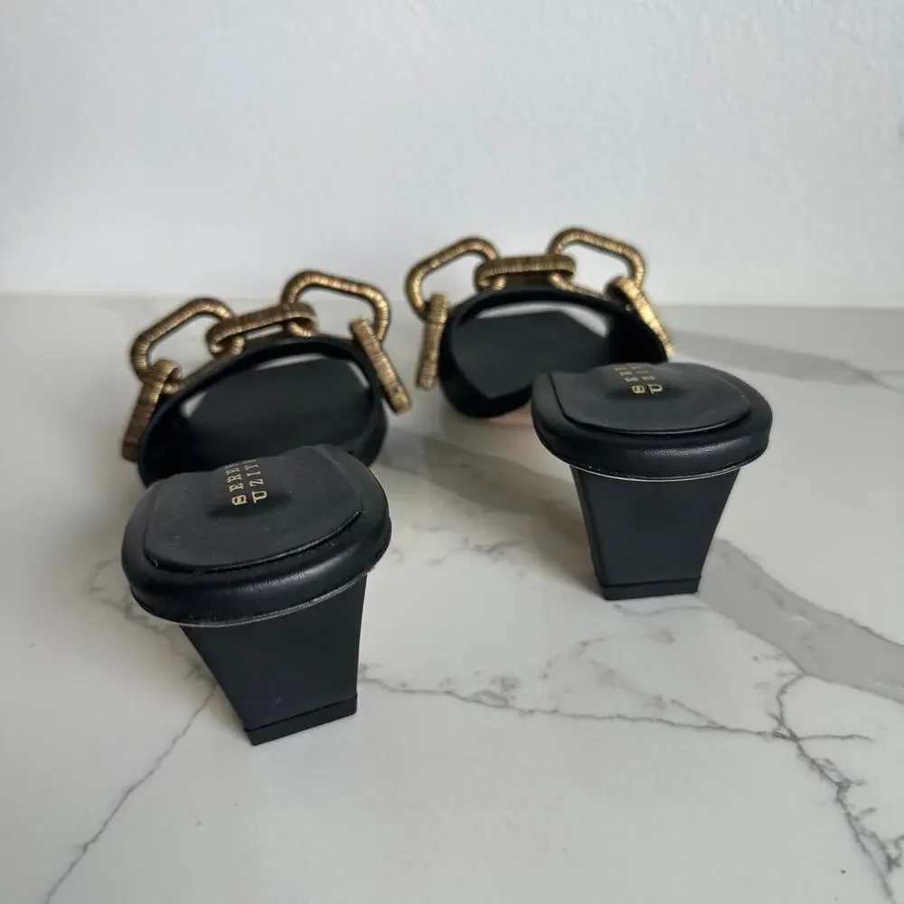 Serena Uziyel Catena Black & Gold Mid-Heel Sandal Size 38